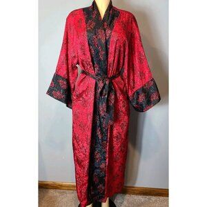 VTG Cacique Silky Satin‎ Kimono Robe Red Black Art Deco Goth Women Sz Medium Y2K